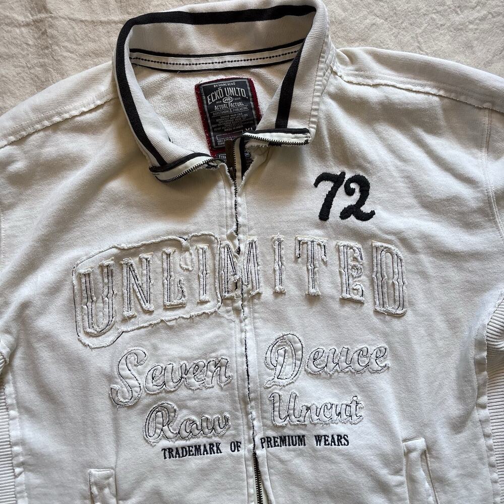 Ecko Unltd Marc Ecko Zip Track Jacket White Embroidered Sweatshirt Street XL Y2K